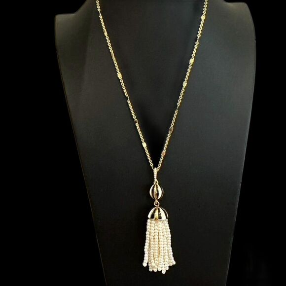 Talbot's Long Gold Tone Pearl & Enamel Statement Tassel Necklace - NWT - Picture 2 of 6